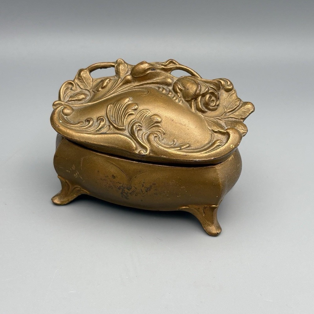 Vintage Art Nouveau Gold Gilded Pot Metal Dresser Jewelry Box Silk Lined